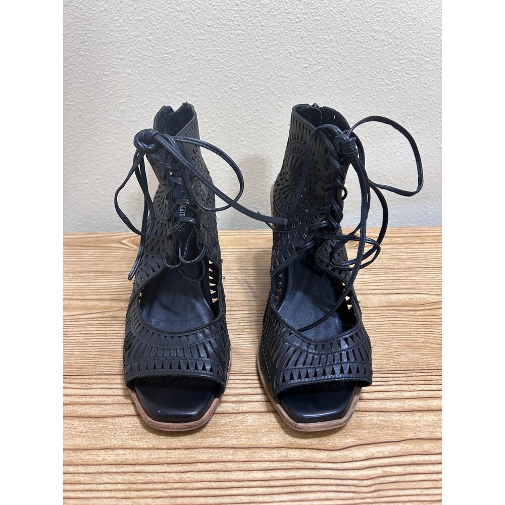Jeffrey Campbell Black Leather Laser Cut Lace-Up Wedge Sandals 9.5 Boho Festival - Picture 2 of 9